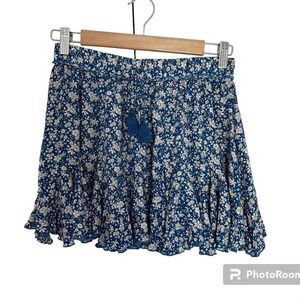 Aakaa Blue Ruffled White Floral Mini Skirt Drawstring Tassels Size Small
